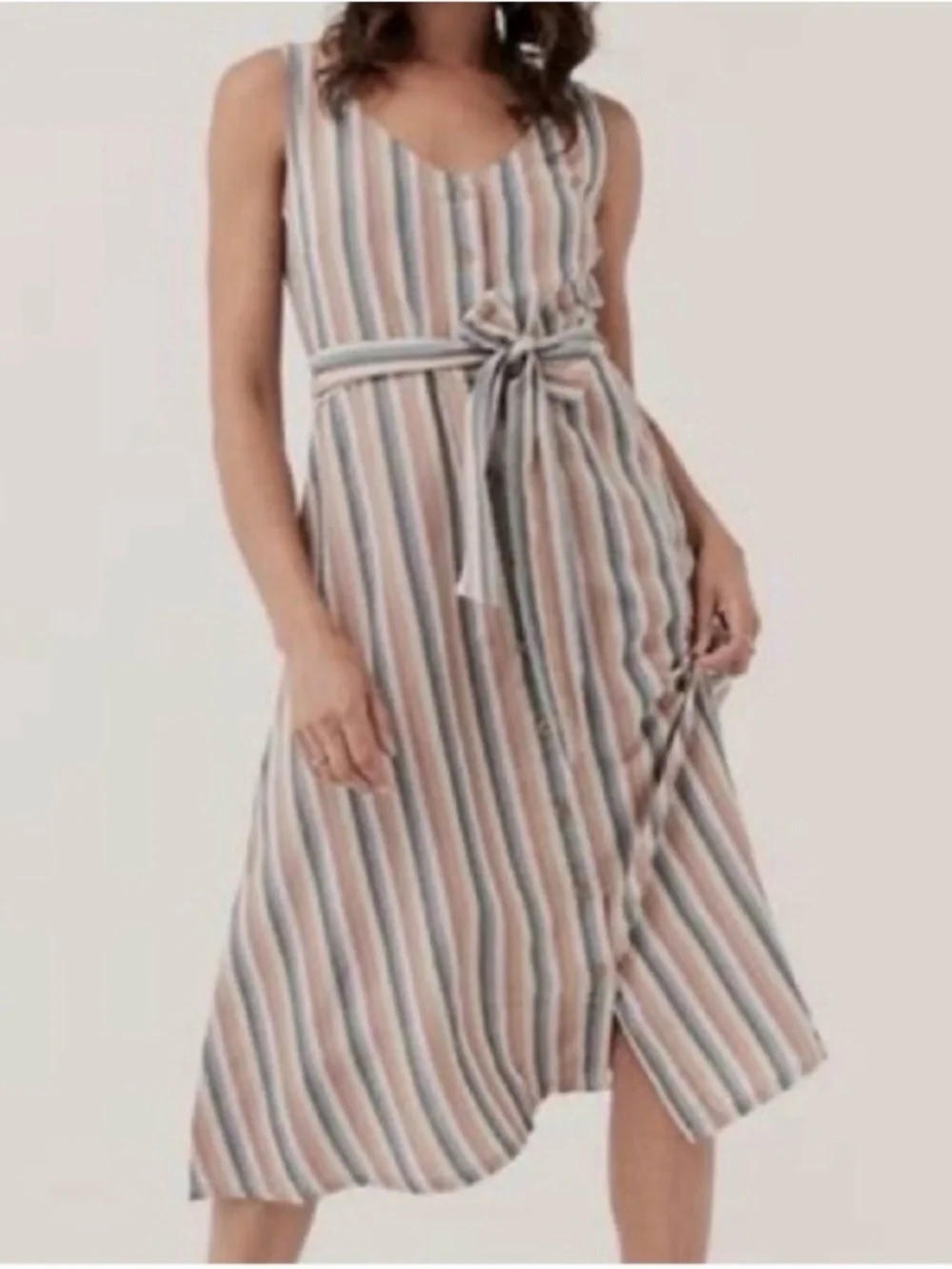 NWT Pact Stucco Vertical Stripe Harbour Midi Dress Sz M Cotton Linen Blend - Picture 2 of 12